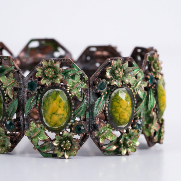 Vintage Green Floral Stretch Bracelet, Enamel & Cabochon Statement Bracelet