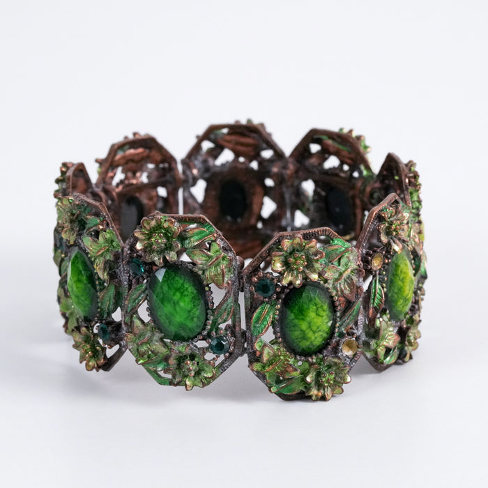 Vintage Green Floral Stretch Bracelet, Enamel & Cabochon Statement Bracelet