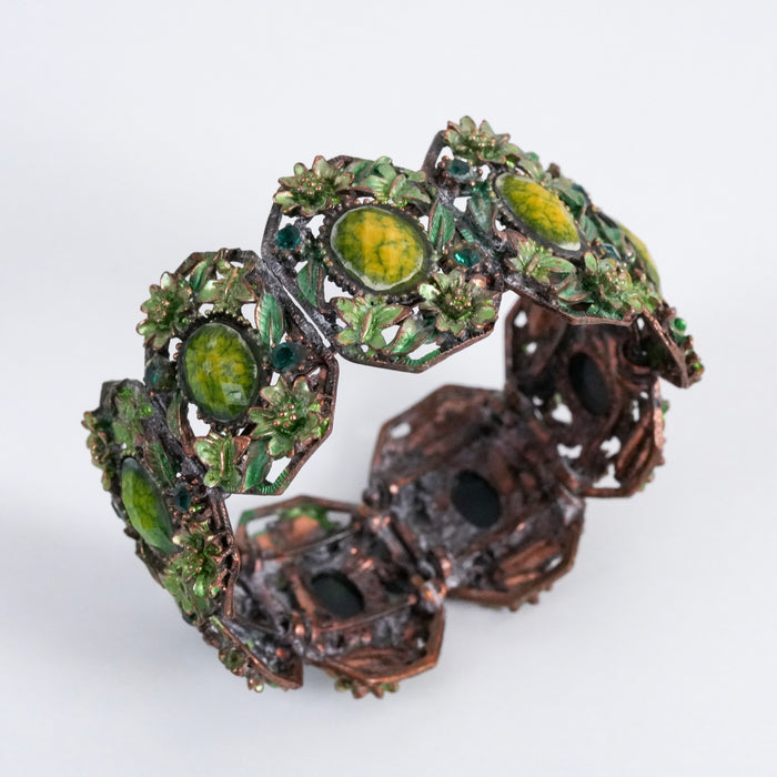 Vintage Green Floral Stretch Bracelet, Enamel & Cabochon Statement Bracelet
