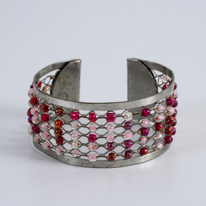 Vintage Beaded Mesh Cuff Bracelet, Boho Wire Weave Statement Open Bangle