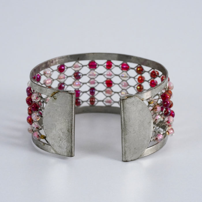Vintage Beaded Mesh Cuff Bracelet, Boho Wire Weave Statement Open Bangle