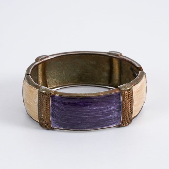 Vintage Purple & Cream Enamel Panel Stretch Bracelet, Retro Geometric Statement Bangle