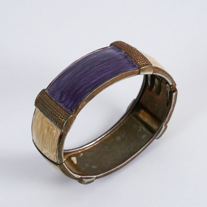 Vintage Purple & Cream Enamel Panel Stretch Bracelet, Retro Geometric Statement Bangle
