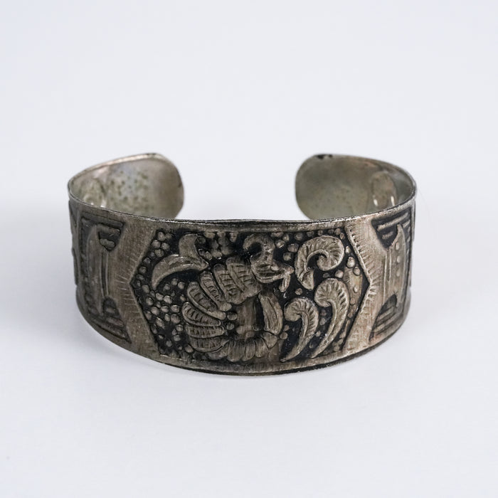 Vintage Engraved Bird Silver Tone Cuff Bracelet, Tribal Boho Open Bangle