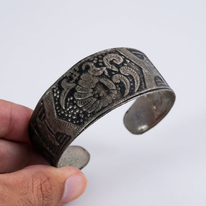 Vintage Engraved Bird Silver Tone Cuff Bracelet, Tribal Boho Open Bangle