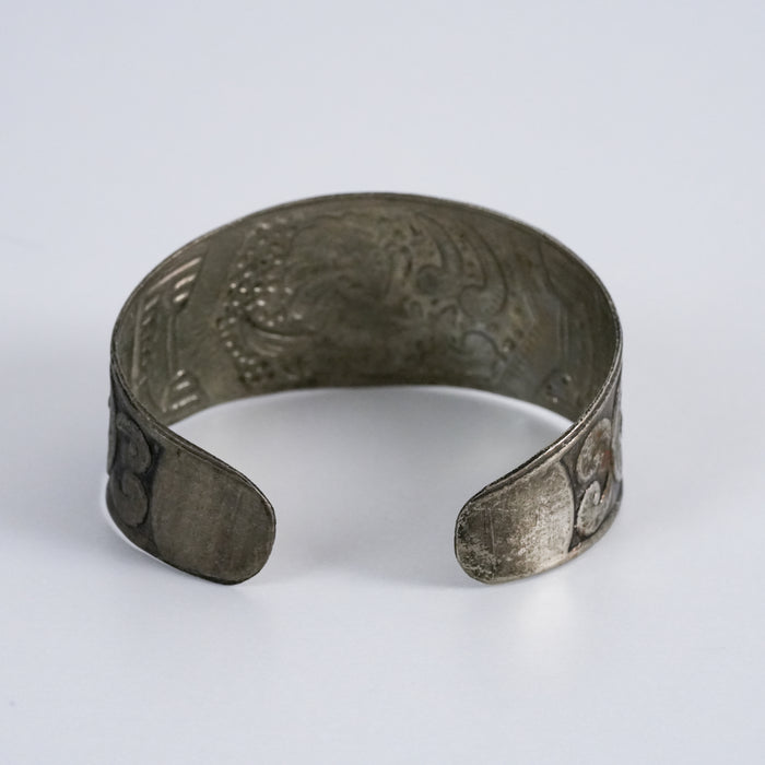 Vintage Engraved Bird Silver Tone Cuff Bracelet, Tribal Boho Open Bangle