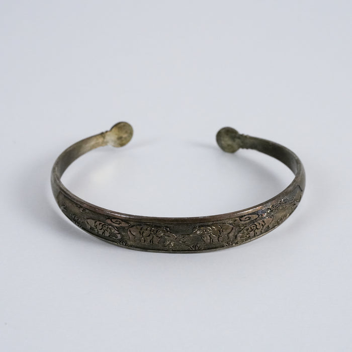 Vintage Elephant Engraved Silver Tone Cuff Bracelet, Ethnic Tribal Open Bangle