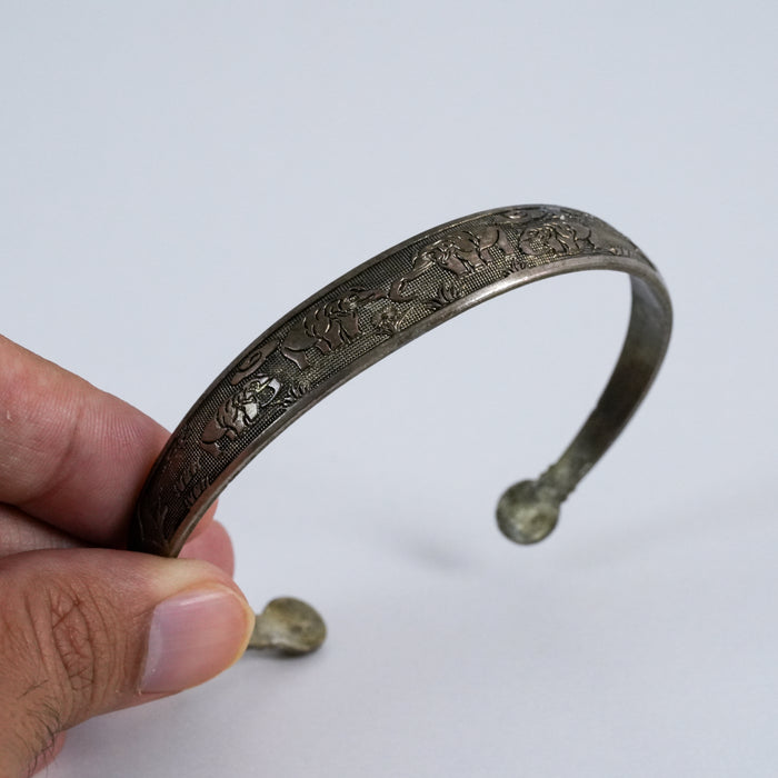 Vintage Elephant Engraved Silver Tone Cuff Bracelet, Ethnic Tribal Open Bangle