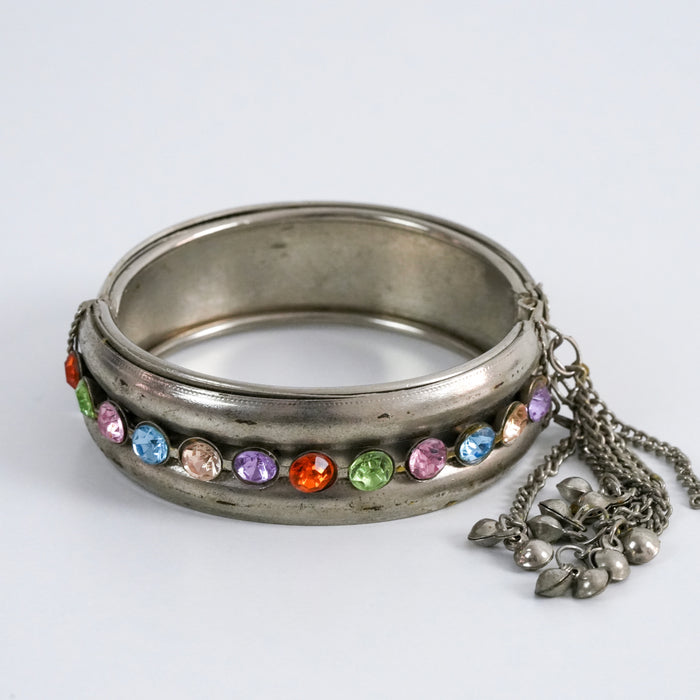 Vintage Silver Tone Rainbow Rhinestone Hinged Bangle Bracelet with Tassel Chain Charm