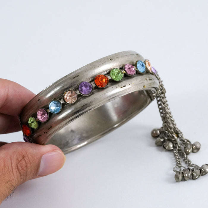 Vintage Silver Tone Rainbow Rhinestone Hinged Bangle Bracelet with Tassel Chain Charm