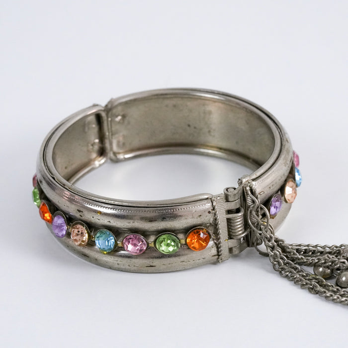 Vintage Silver Tone Rainbow Rhinestone Hinged Bangle Bracelet with Tassel Chain Charm