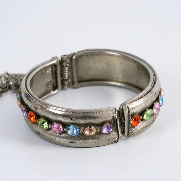 Vintage Silver Tone Rainbow Rhinestone Hinged Bangle Bracelet with Tassel Chain Charm