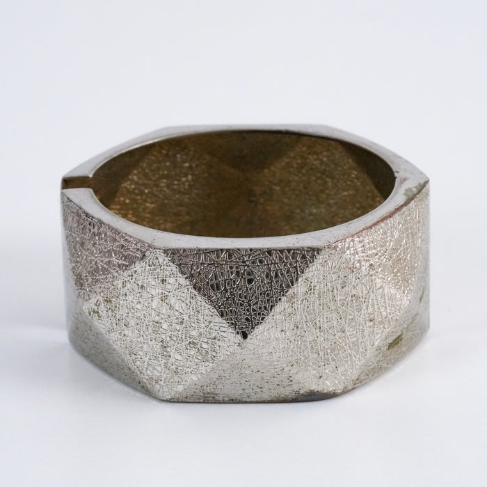 Vintage Textured Silver Tone Wide Cuff Bracelet, Geometric Etched Statement Bangle