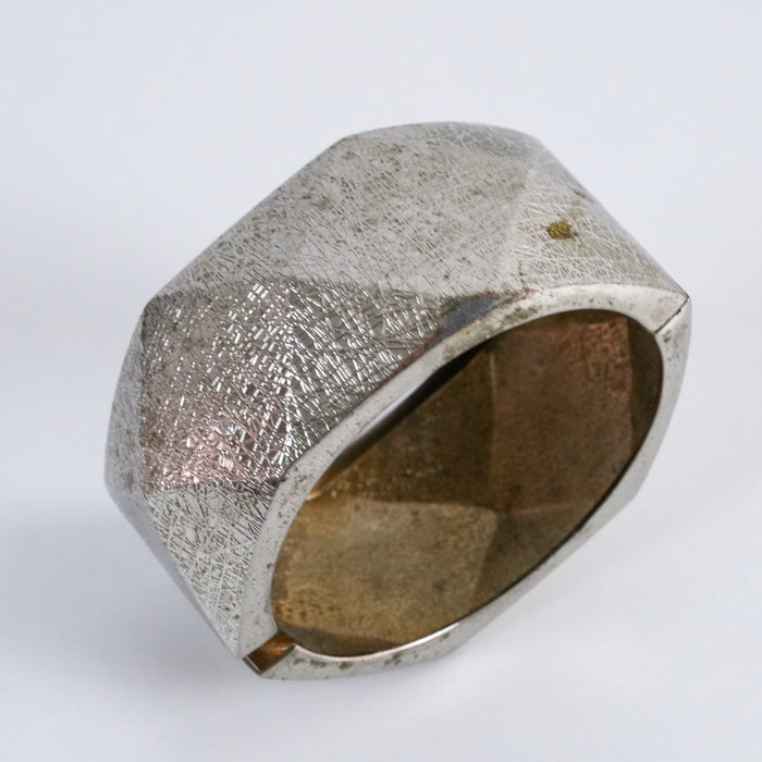 Vintage Textured Silver Tone Wide Cuff Bracelet, Geometric Etched Statement Bangle