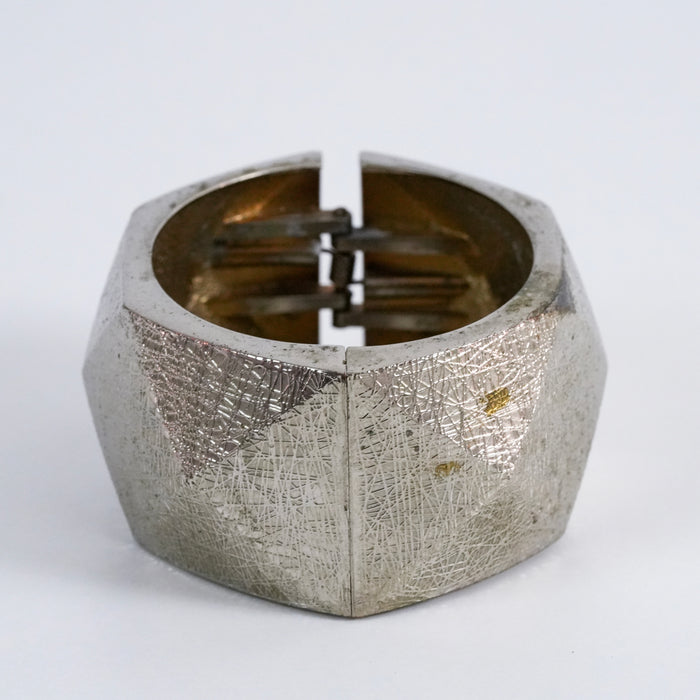Vintage Textured Silver Tone Wide Cuff Bracelet, Geometric Etched Statement Bangle