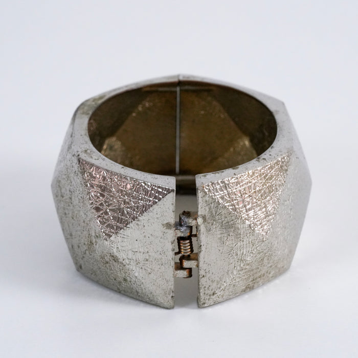 Vintage Textured Silver Tone Wide Cuff Bracelet, Geometric Etched Statement Bangle