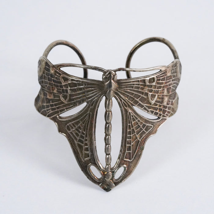 Vintage Silver Tone Butterfly Cuff Bracelet, Art Nouveau Openwork Butterfly Statement Bracelet