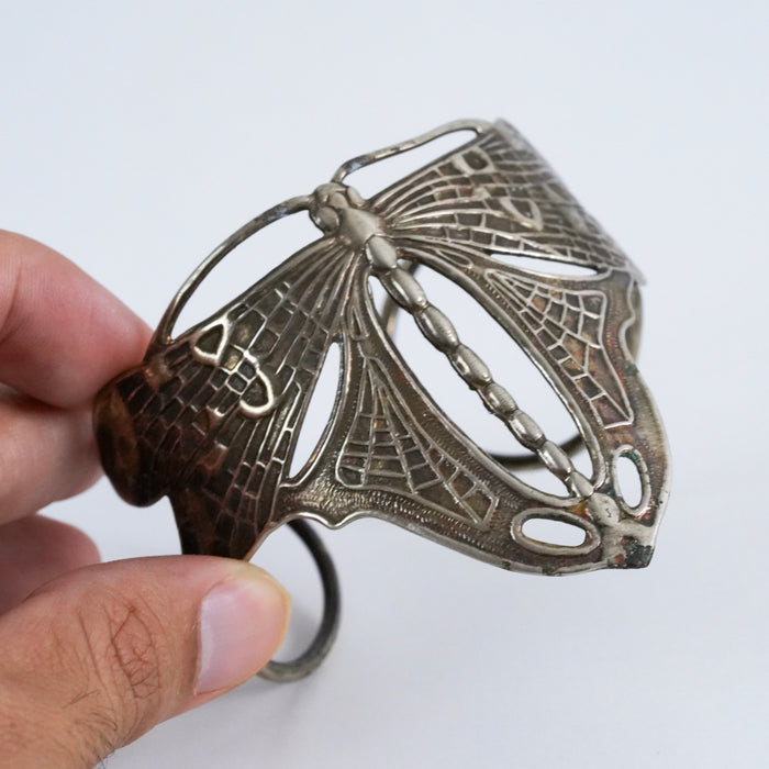 Vintage Silver Tone Butterfly Cuff Bracelet, Art Nouveau Openwork Butterfly Statement Bracelet
