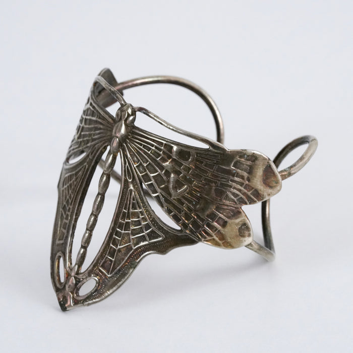 Vintage Silver Tone Butterfly Cuff Bracelet, Art Nouveau Openwork Butterfly Statement Bracelet