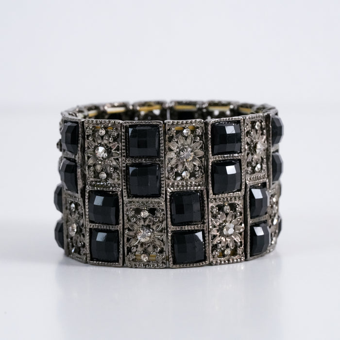 Vintage Black Rhinestone Wide Stretch Bracelet, Art Deco Inspired Statement Bracelet