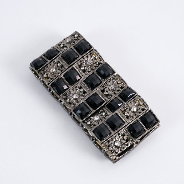 Vintage Black Rhinestone Wide Stretch Bracelet, Art Deco Inspired Statement Bracelet