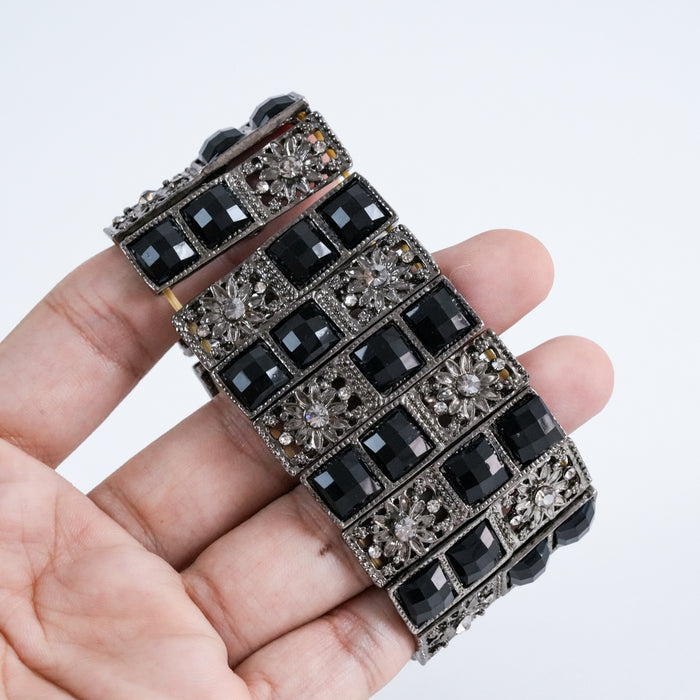 Vintage Black Rhinestone Wide Stretch Bracelet, Art Deco Inspired Statement Bracelet