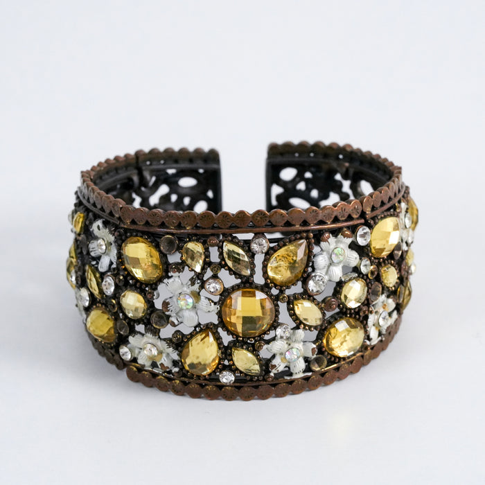 Vintage Amber Rhinestone Floral Cuff Bracelet, Antique Bronze Openwork Statement Bracelet