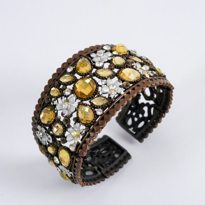 Vintage Amber Rhinestone Floral Cuff Bracelet, Antique Bronze Openwork Statement Bracelet