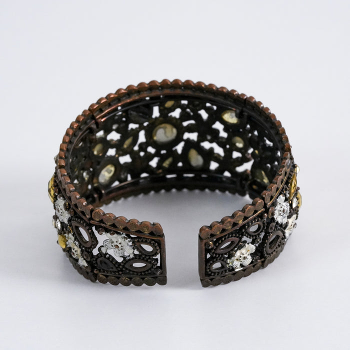 Vintage Amber Rhinestone Floral Cuff Bracelet, Antique Bronze Openwork Statement Bracelet