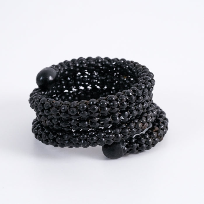 Vintage Black Beaded Coil Wrap Bracelet, Multi Row Seed Bead Cuff Bracelet