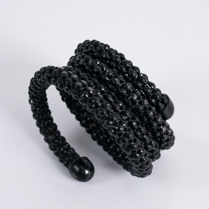 Vintage Black Beaded Coil Wrap Bracelet, Multi Row Seed Bead Cuff Bracelet