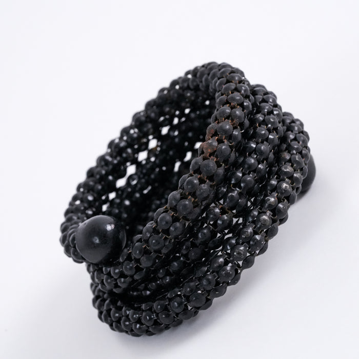 Vintage Black Beaded Coil Wrap Bracelet, Multi Row Seed Bead Cuff Bracelet