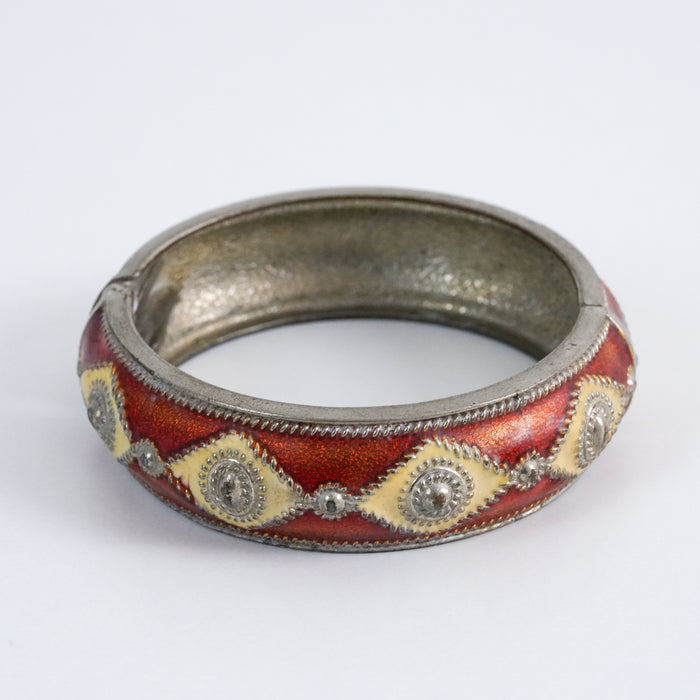 Vintage Enamel Hinged Bangle Bracelet, Silver Tone Geometric Statement Bracelet