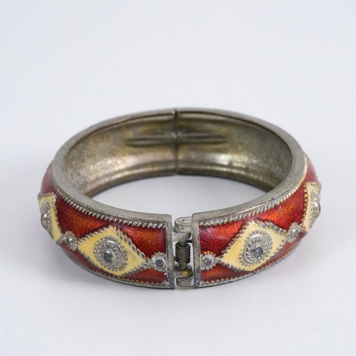 Vintage Enamel Hinged Bangle Bracelet, Silver Tone Geometric Statement Bracelet