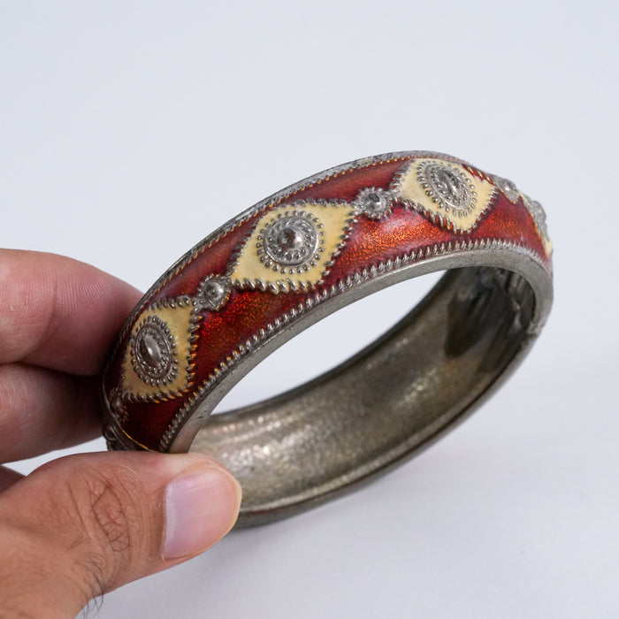 Vintage Enamel Hinged Bangle Bracelet, Silver Tone Geometric Statement Bracelet
