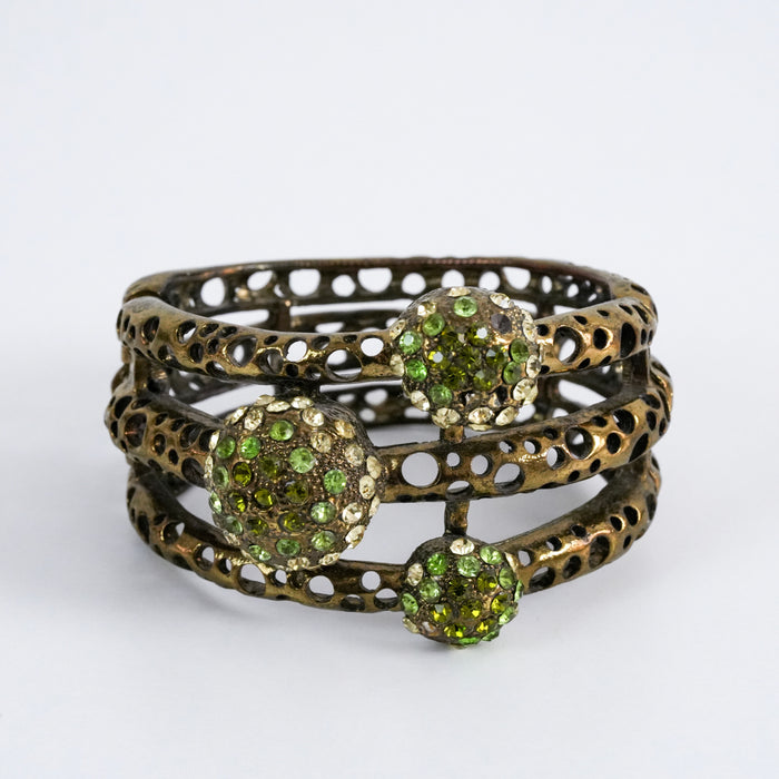 Vintage Brass Green Rhinestone Cuff Bracelet, Openwork Statement Hinged Bangle