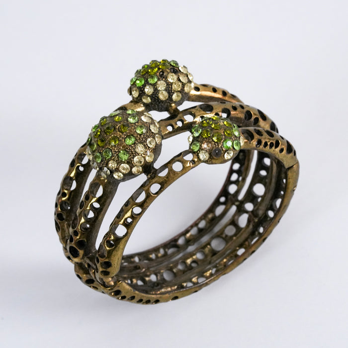 Vintage Brass Green Rhinestone Cuff Bracelet, Openwork Statement Hinged Bangle