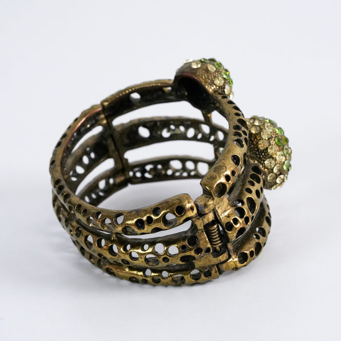 Vintage Brass Green Rhinestone Cuff Bracelet, Openwork Statement Hinged Bangle