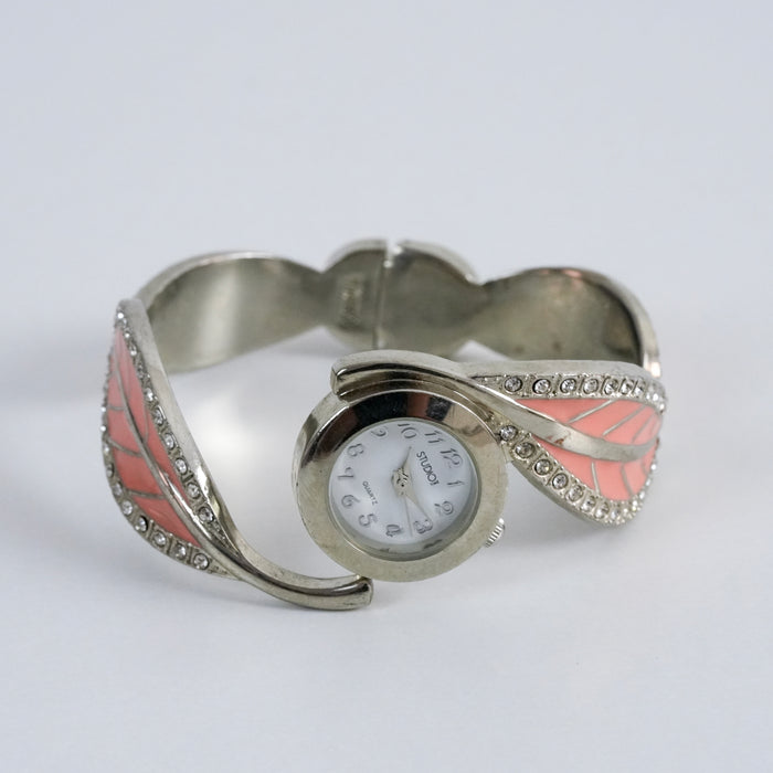 Vintage Studio Time Pink Enamel Cuff Watch, Silver Tone Rhinestone Bangle Watch