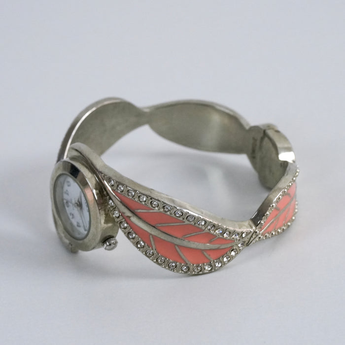 Vintage Studio Time Pink Enamel Cuff Watch, Silver Tone Rhinestone Bangle Watch