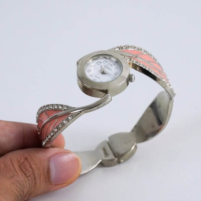 Vintage Studio Time Pink Enamel Cuff Watch, Silver Tone Rhinestone Bangle Watch