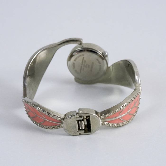 Vintage Studio Time Pink Enamel Cuff Watch, Silver Tone Rhinestone Bangle Watch