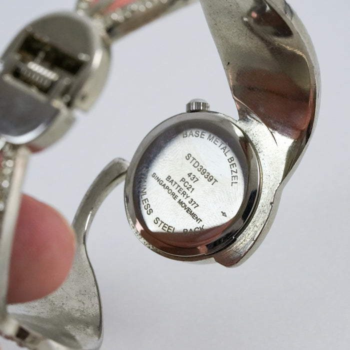 Vintage Studio Time Pink Enamel Cuff Watch, Silver Tone Rhinestone Bangle Watch