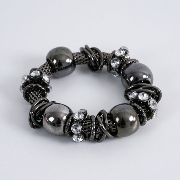 Vintage Gunmetal Mesh Beaded Rhinestone Bracelet, Statement Stretch Bracelet