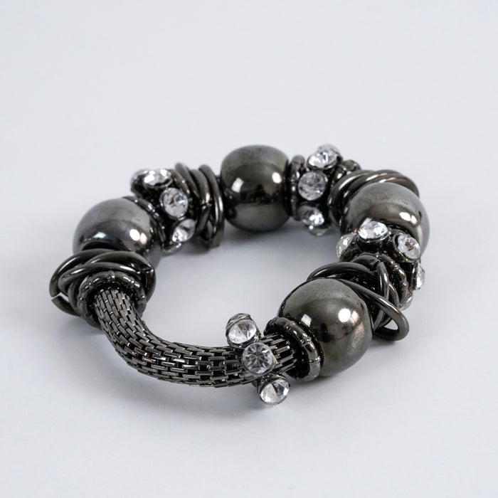 Vintage Gunmetal Mesh Beaded Rhinestone Bracelet, Statement Stretch Bracelet