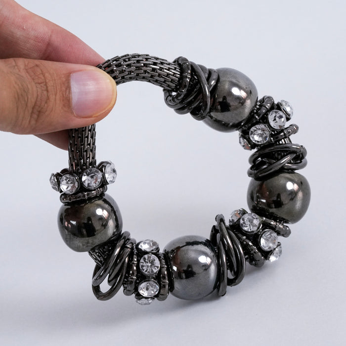 Vintage Gunmetal Mesh Beaded Rhinestone Bracelet, Statement Stretch Bracelet