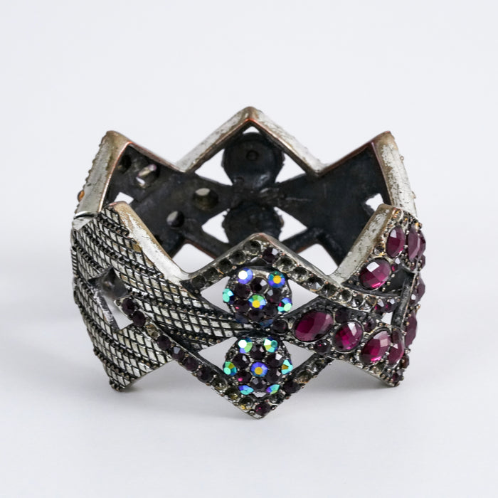 Vintage Geometric Rhinestone Statement Cuff Silver Tone Bracelet