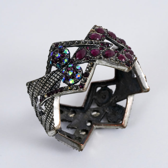Vintage Geometric Rhinestone Statement Cuff Silver Tone Bracelet