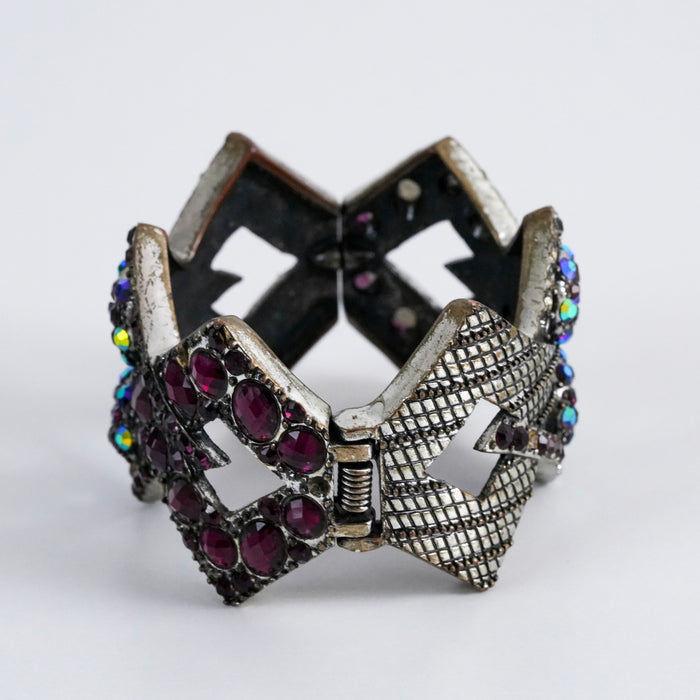 Vintage Geometric Rhinestone Statement Cuff Silver Tone Bracelet