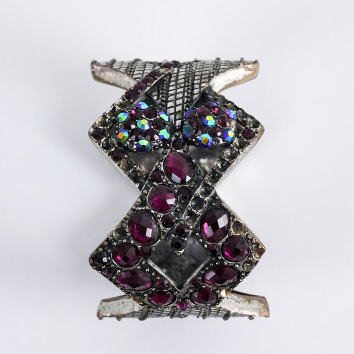 Vintage Geometric Rhinestone Statement Cuff Silver Tone Bracelet